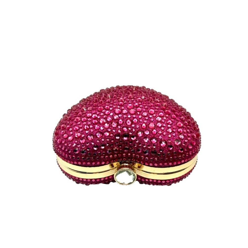 Women's Hot Pink Rhinestone Heart Clutch Bag Formal Evening Cocktail Purse NEW - Picture 4 of 14